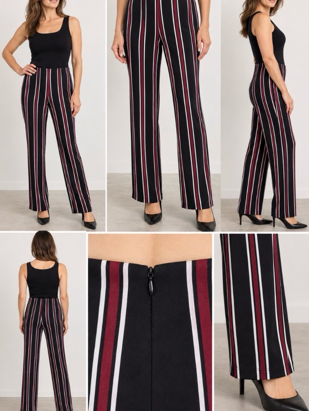 Frank Lyman Striped Straight Leg Stretch Pants Black Burgundy White Sz 10